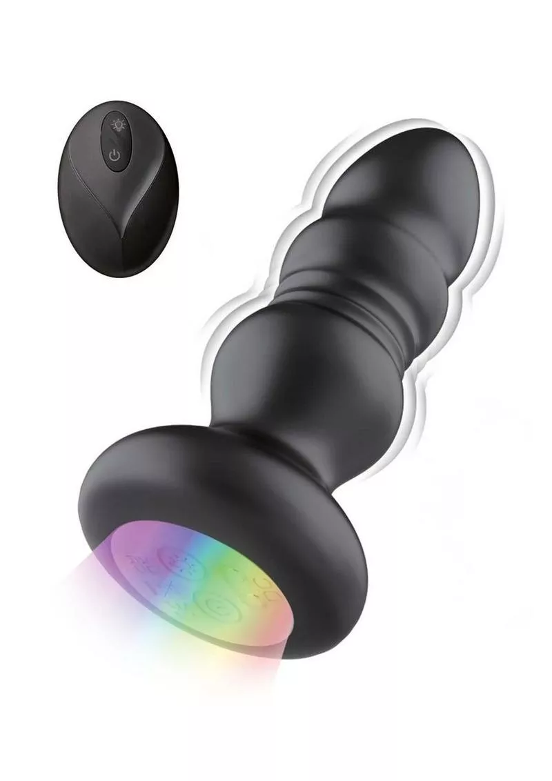 Atomic Thrusting Light-Up Rechargeable Silicone Power Plug with Remote Control - Black from Cherry Pie Online