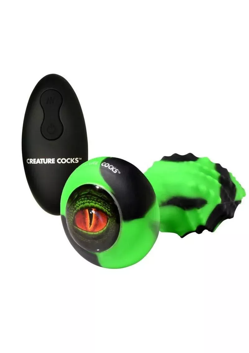 Creature Cocks Eye of the Spawn Rechargeable Silicone Vibrating and Squirming Butt Plug with Remote - Green from Cherry Pie Online