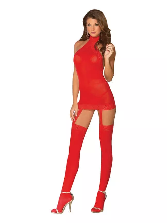 Dreamgirl Red Sheer Garter Dress & Thigh Highs Combo