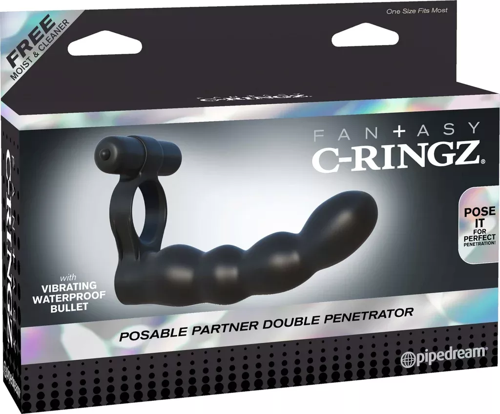 Fantasy C-Ringz Posable Partner Double Penetrator Black – Bendable, Vibrating Double Penetrator