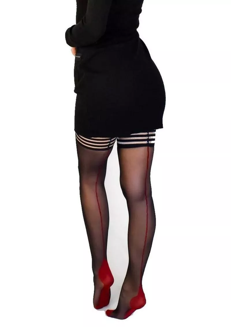 Kixies Ginny Sheer with Back Seamed Thigh Highs - Size B/Medium - Black/Red - Shop Velvet Box Online