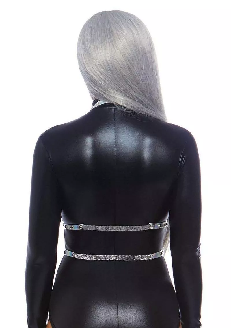 Leg Avenue Iridescent Studded Vinyl Body Harness - O/S - Silver - Shop Velvet Box Online