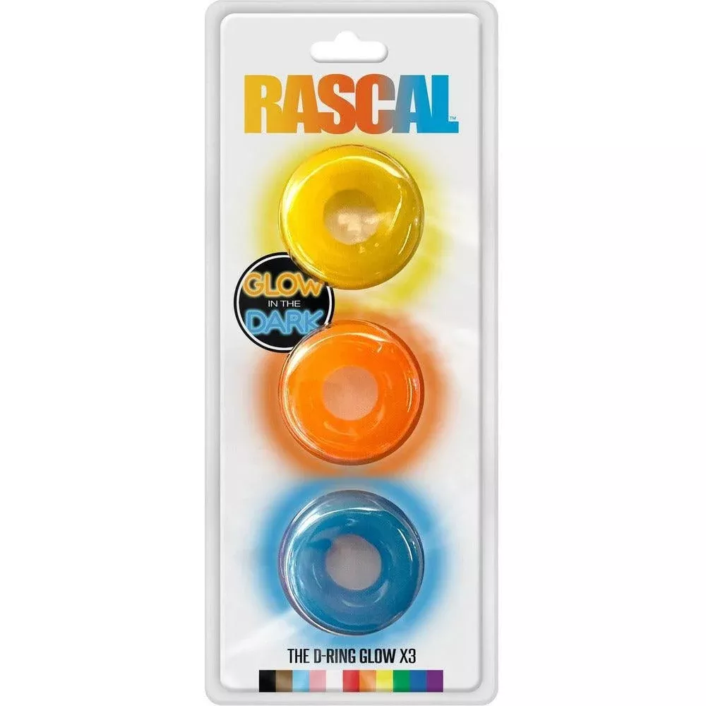 Rascal The D-Ring Glow X3 Glow In The Dark Cockrings Assorted Colors 3 Each